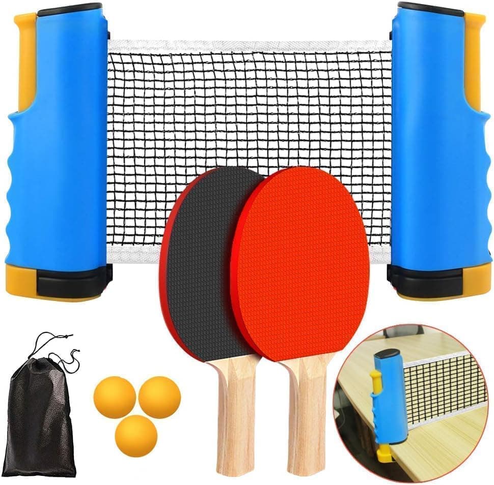 Bärbart Pingpongracket Set, Bekvämt Bordtennisset med Utdragbart Nät, Racketar, Bollar och Förvaringsväska för Inomhus/Utomhusspel