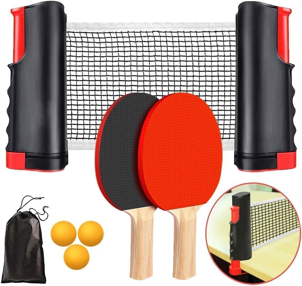 Bärbart Pingpongracket Set, Bekvämt Bordtennisset med Utdragbart Nät, Racketar, Bollar och Förvaringsväska för Inomhus/Utomhusspel