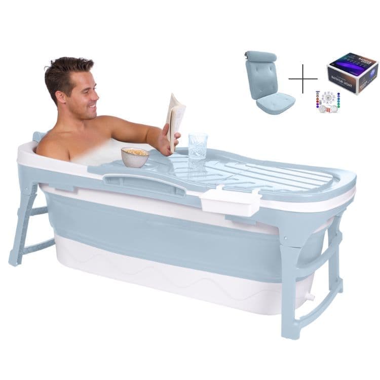 HelloBath® Hopfällbart Badkar - Oliver Blå 143 cm - Stort Portabelt Badkar för Vuxna & Barn - Med Kudde, Lock, LED-ljus & Förvaringsväska