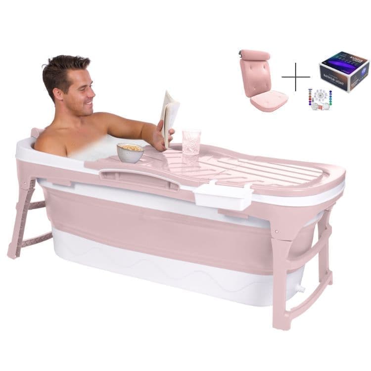HelloBath® Hopfällbart Badkar - Oliver Rosa 143 cm - Stort Portabelt Badkar för Vuxna & Barn - Med Kudde, Lock, LED-ljus & Förvaringsväska